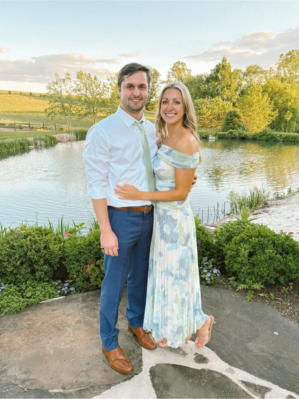 Abercrombie & Fitch Off-Shoulder Maxi Dress in Pastel Blue, Green, Cream - Picture 5 of 6